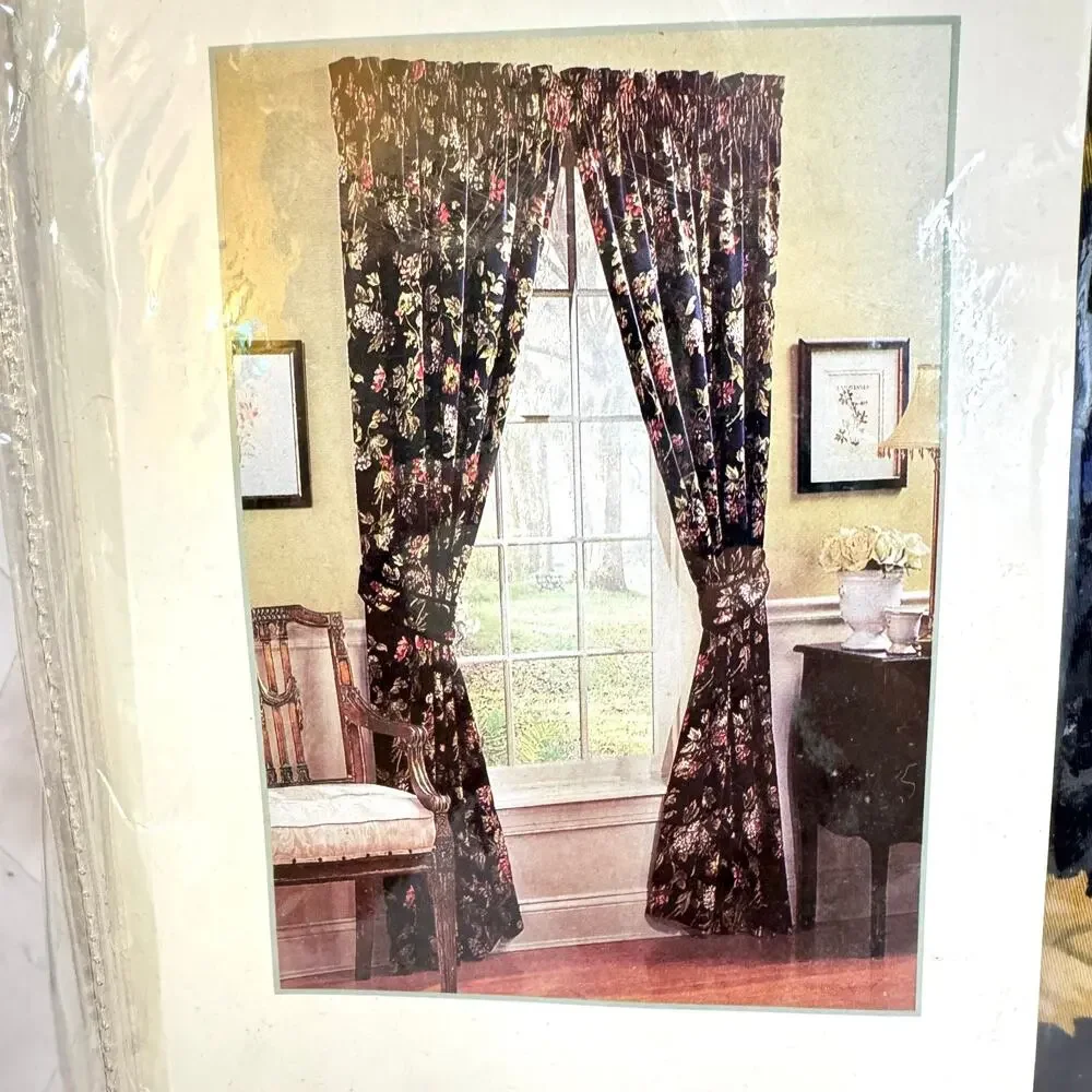 NOS Vtg Waverly Garden Room Harbor Square Black Floral Panels Tiebacks 84x84”